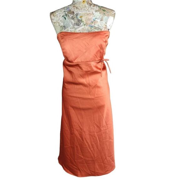 Formal Melon Orange Strapless Empire Waist Mid Length Cocktail Evening Dress - Picture 8 of 9